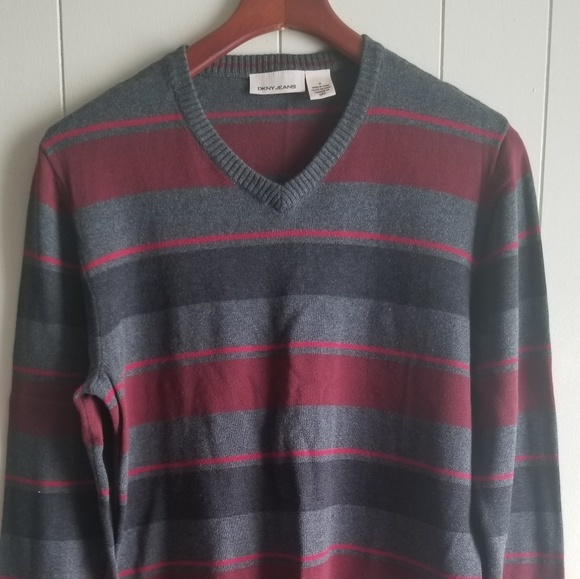 Dkny Other - DKNY Jeans V Neck Gray/Cranberry Striped Sweater